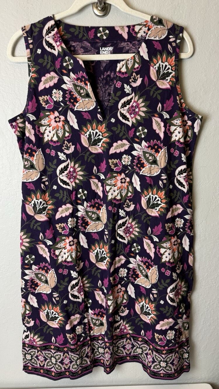 Lands’ End Tunic Tank Dress Purple Floral Medium 10-12 100% Cotton